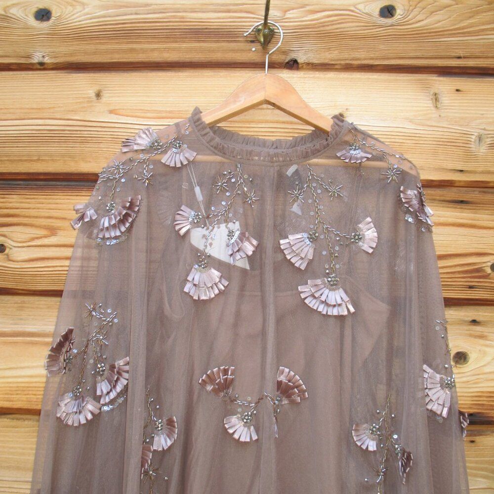 MAC DUGGAL 9257 Brown Embellished Long Flare Sleeve Mesh A-Line Dress - Picture 8 of 13
